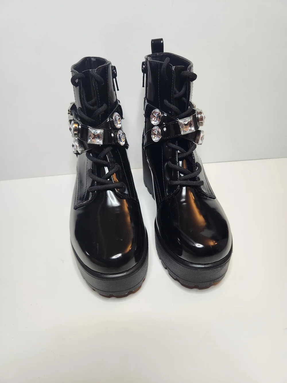 Patent Black Crystal-Embellished Girl's Ankle Boots
